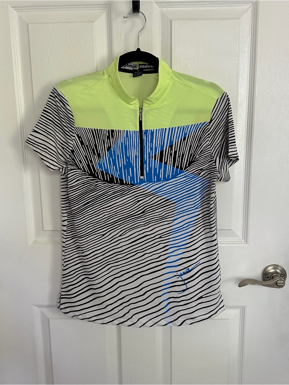 Vintage Jamie Sadock Neon Yellow, Blue & Black Striped Zip Golf Shirt Women’s M